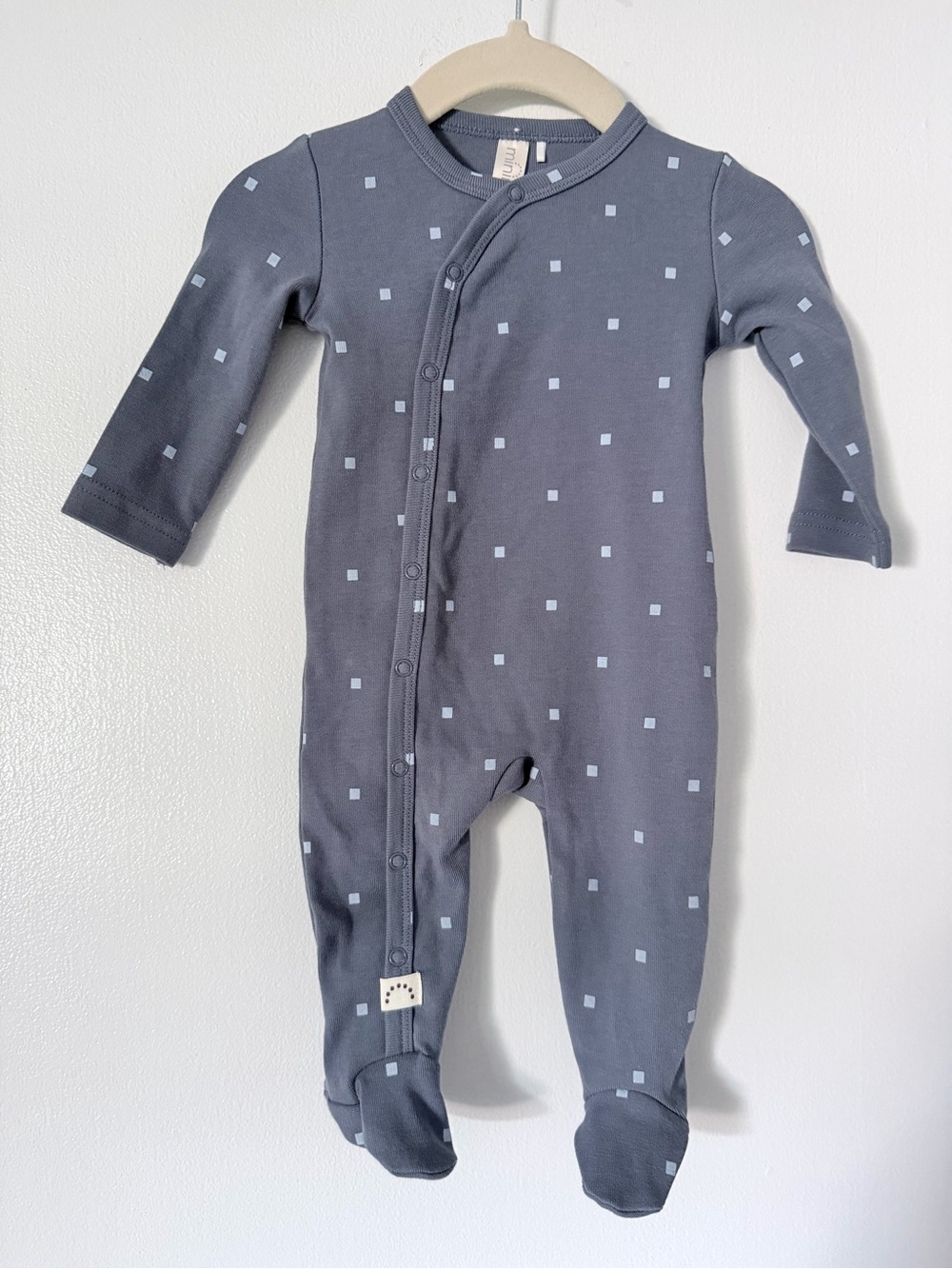 Cozy Gray Footed Baby One-Piece with Light Blue Squares
